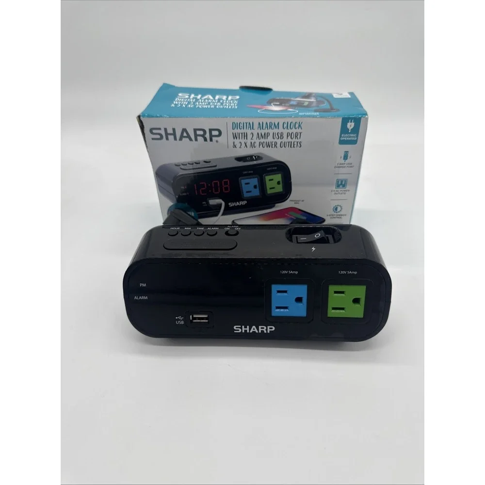 SHARP LED Digital Alarm Clock, 2 AMP fast Charge USB Ports & 2 AC Power Outlets
